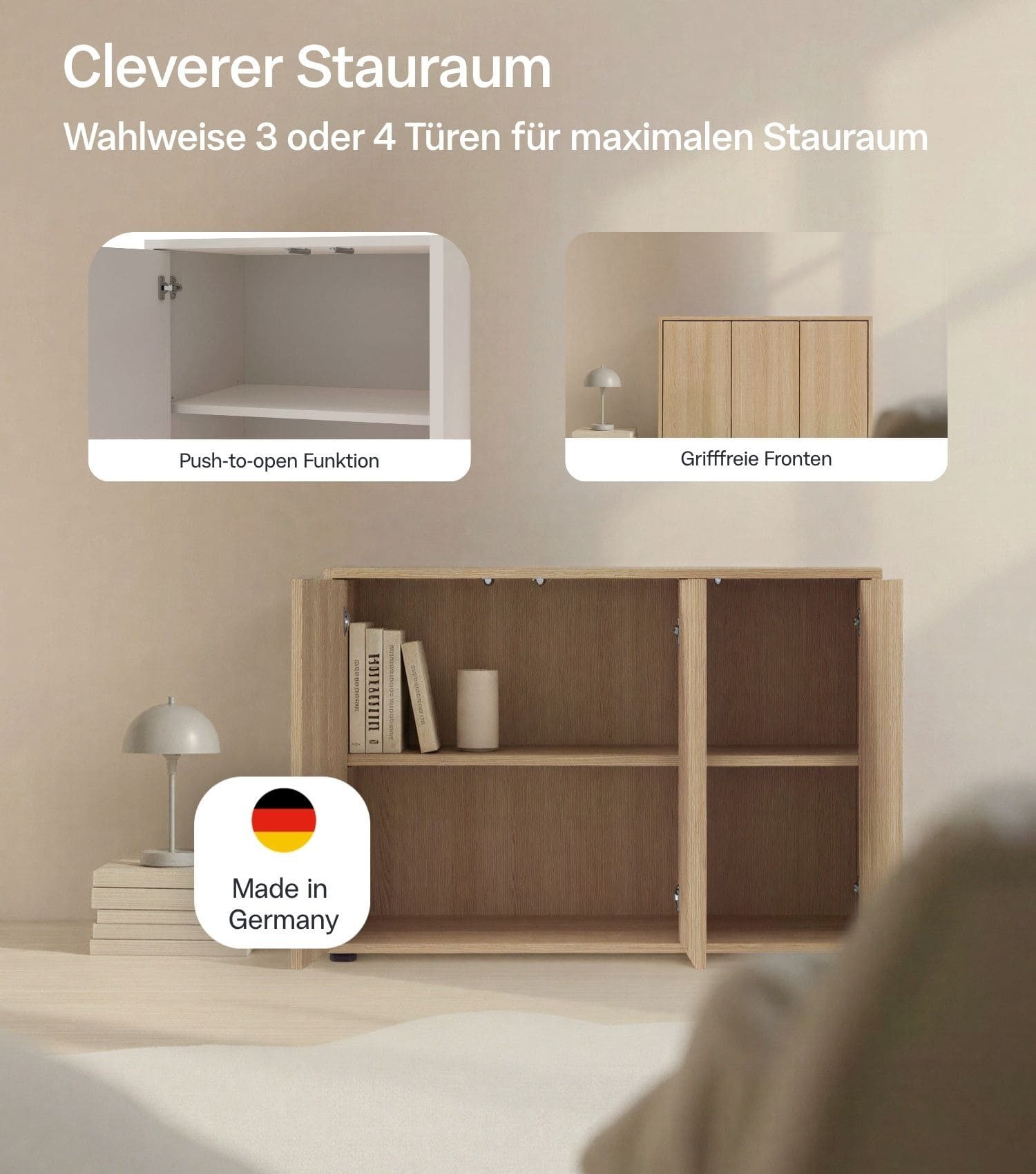 mokebo Sideboard 'Horizon' Holz Kommode Push-to-Open Türen Schrank (73x103 cm, mit Einlegeböden), Made in Germany, Kommode, Beistellschrank, Anrichte in Eiche – Bild 3 von 5