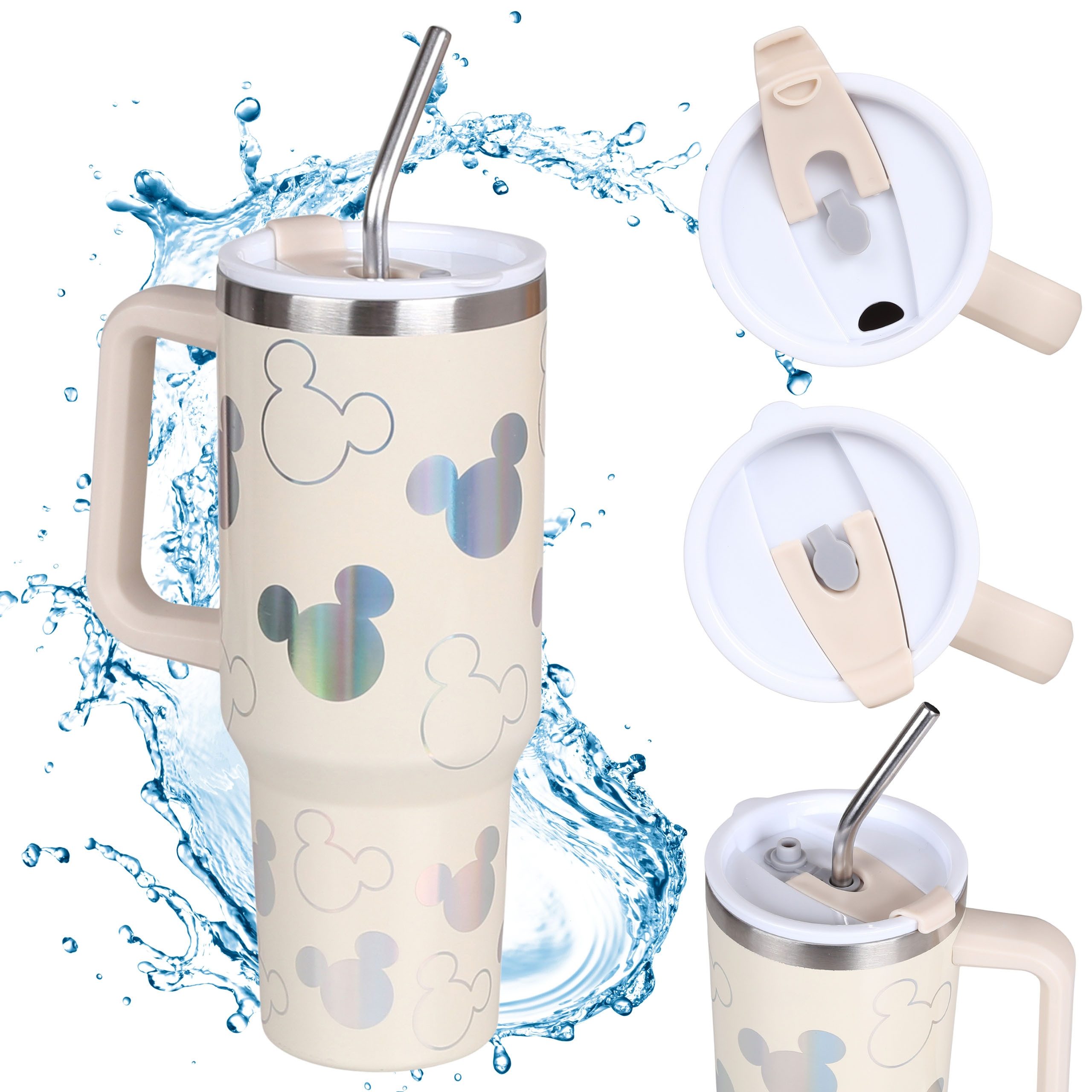 Dekobecher Disney Mickey Mouse THERMO Becher Metallstrohhalm HOLO 1,18 l
