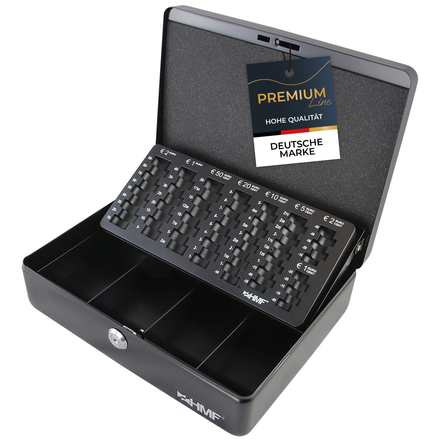 HMF Geldkassette abschließbare Bargeldkasse mit EURO-Münzzählbrett und Scheinfach, hochwertige Geldzählkassette mit Schlüssel, 30 x 24 x 9 cm, schwarz