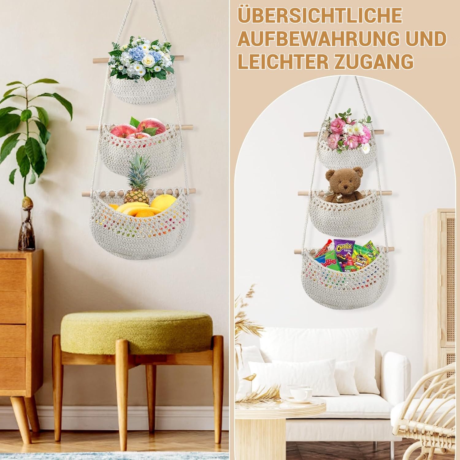 BlingBin Hängekorb Wand Aufbewahrung, 3 Etagen Hängeorganizer Makramee Obstkorb (1er Set, 1 St., 33 x 80 cm), Wand Hängender Organizer für Badezimmer Schlafzimmer, Kinderzimmer