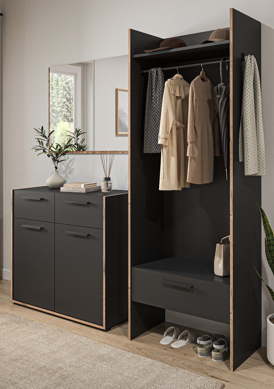 Inn.Furn Garderoben-Set Salud, (Komplett-Set in Basalt Grau mit Eiche, 3-teilig, 180 x 189 cm), mit viel Stauraum