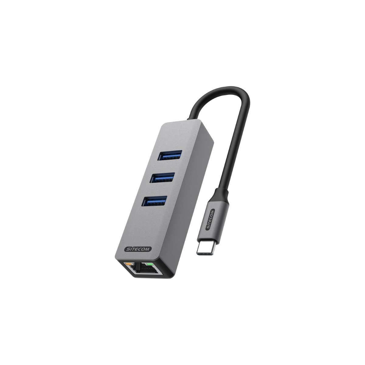 Sitecom AD-1008 USB-Adapter USB-C-Stecker zu RJ45 Ethernet (Buchse), 15 cm, USB-C zu LAN + 3x USB-A 3.0, Gigabit-Ethernet, Plug & Play