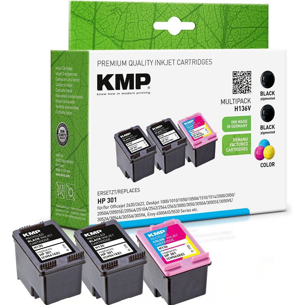KMP 1 Tinten-Set H136V ERSETZT HP 301 - 2x Black + 1x Color Tintenpatrone