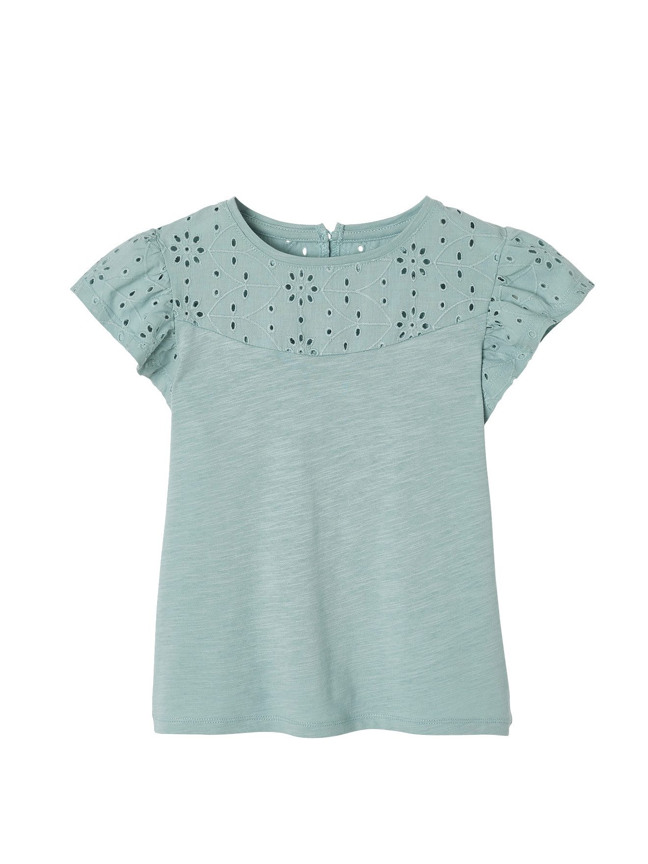 vertbaudet Kurzarmshirt Mädchen T-Shirt mit Volantärmeln und Lochstickerei