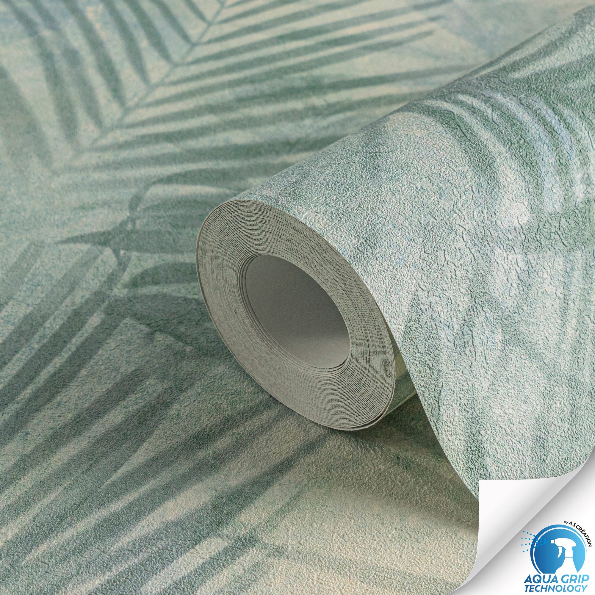 living walls Vliestapete DesignDrop vorgeleimte Tapete Palmen Mustertapete Grün Blau, strukturiert, matt, (1 St), florale Vliestapete vorgekleistert für Schlafzimmer Wohnzimmer Küche