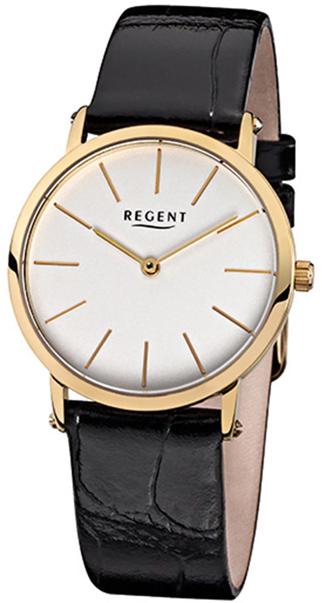 Regent Quarzuhr Regent Armbanduhr Stahl Lederarmband, ionenplattiert 33mm), rund, Damen-Armbanduhr Damen schwarz mittel (ca. Analog, gold