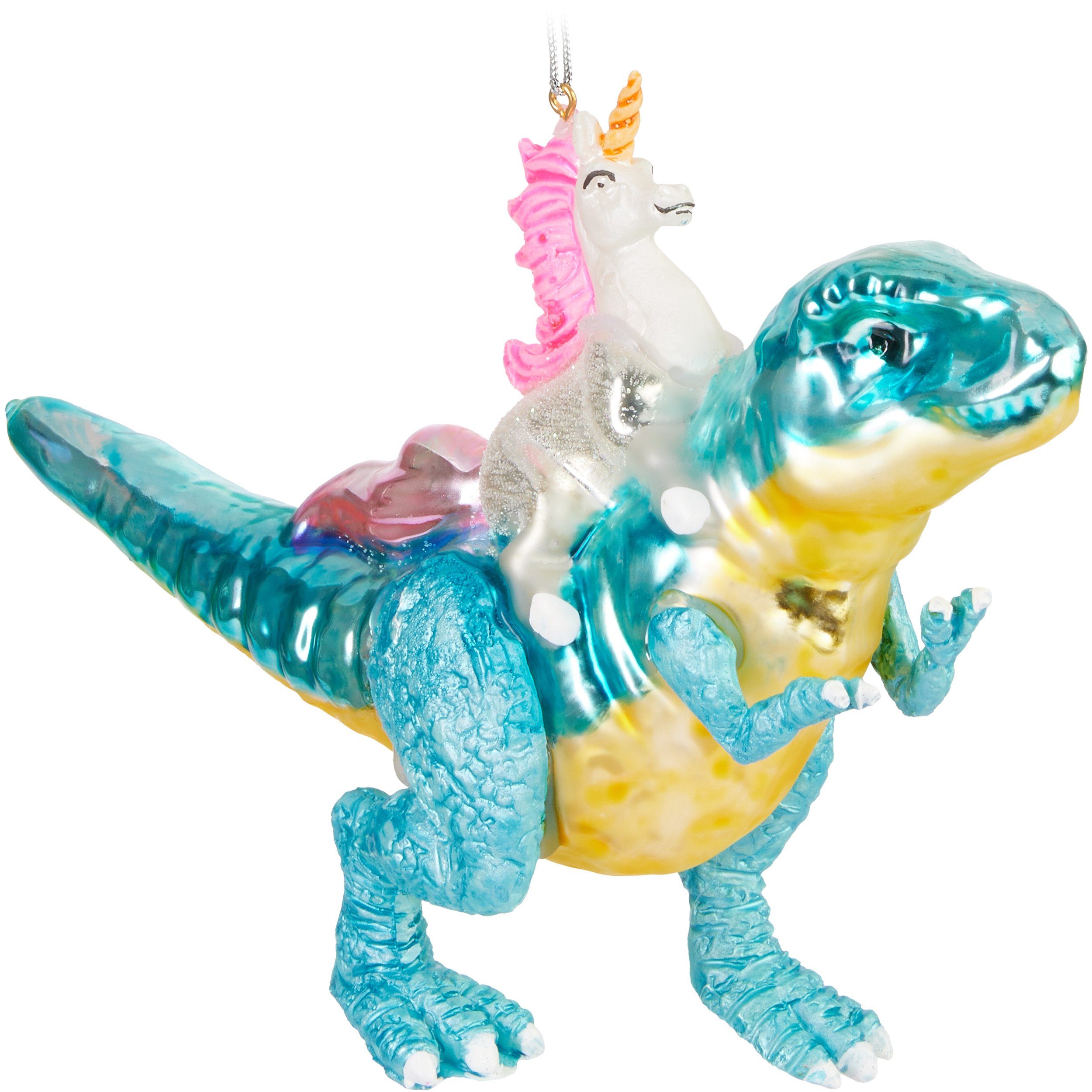 Weihnachtsbaumkugel Einhorn reitet auf Dinosaurier Weihnachtskugel aus Glas - Handbemalt