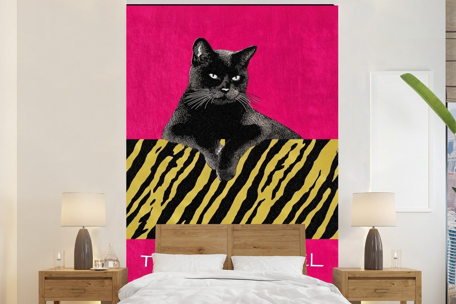 MuchoWow Fototapete Katze - Boss - Rosa - Tigerdruck, Matt, bedruckt, Montagefertig Vinyl Tapete, Wandtapete, 155x240 cm