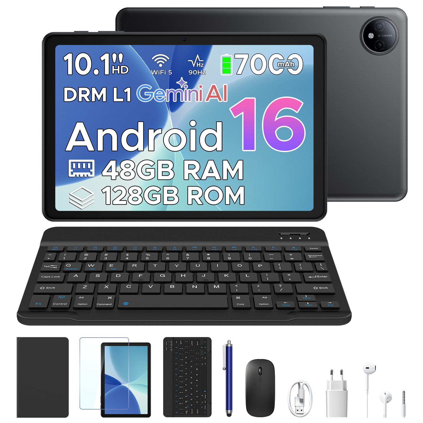 POCKAM P10 10,1 Zoll Android 16 Tablet mit Tastatur, 128GB ROM, 7000mAh, 90Hz Tablet (10.1", 128 GB, Android 16, WIFI, 48GB RAM (8 + 40 GB erweitert), Gemini AI, Widevine L1, Face Unlock)