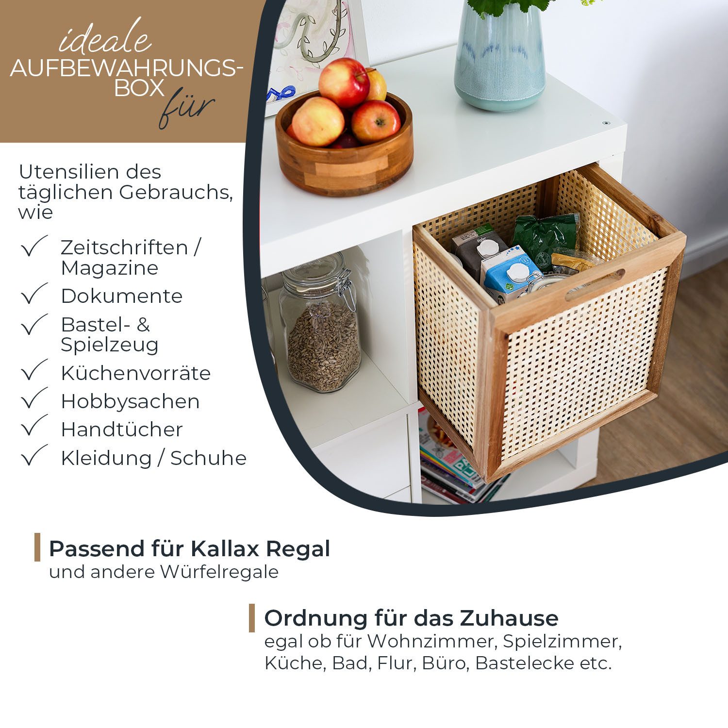 HMF Regalkorb Aufbewahrungskorb mit Wiener Geflecht, geflochten aus Rattan, passend für Kallax Regale 32 x 34 x 32 cm, Muster 3, Natur