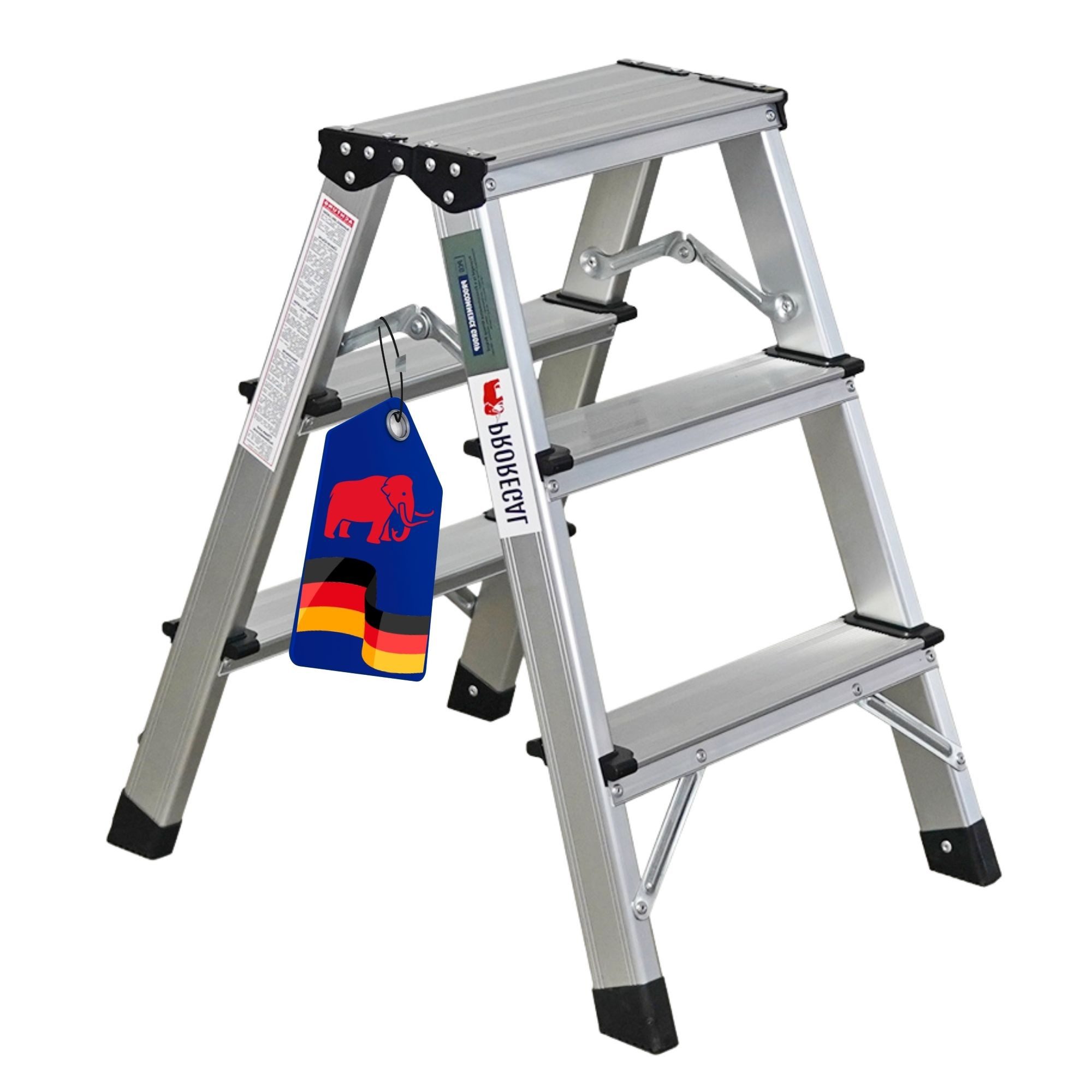 PROREGAL® Stehleiter Stufenstehleiter beidseitig begehbar 2x3 Stufen Aluminium, Stabile Stehleiter für sicheres Arbeiten in der Höhe Traglast 150kg