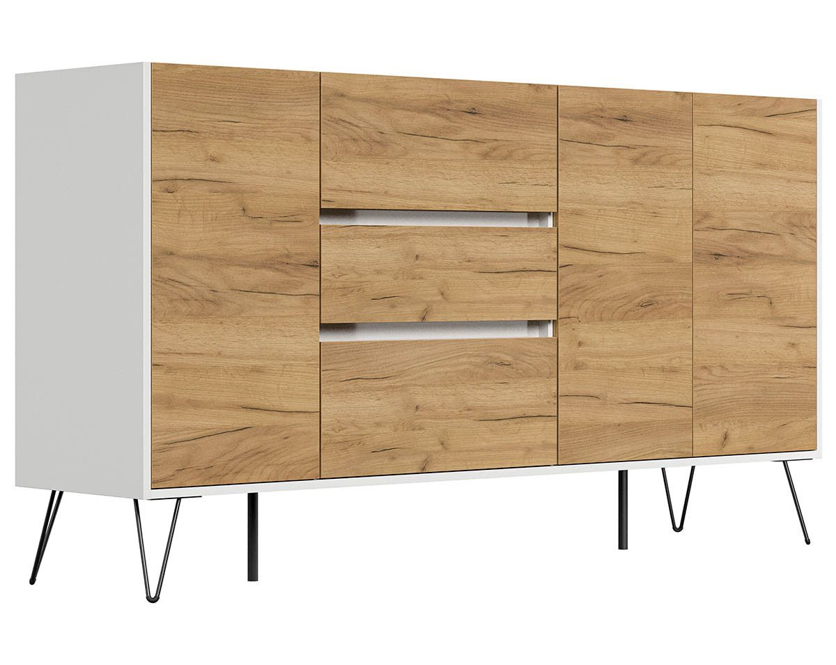 Posseik Waschtisch-Set Sideboard FAVIER 180 x 94cm, 3 Schubladen 3 Türen, weiß-eiche, (Sideboard, 1-St., Sideboard)