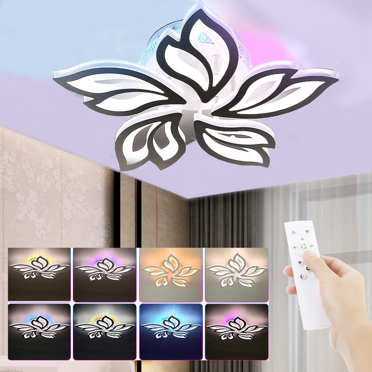 oyajia LED Deckenleuchte 54W Deckenleuchte mit RGB Farbwechsel Lamp, Dimmbar mit Fernbedienung, LED fest integriert, Kaltweiß/Naturweiß/Warmweiß+RGB Hintergrundbeleuchtung Farbwechsel, Modern Blumenform Deckenlampe für Schlafzimmer Kinderzimmer Wohnzimmer