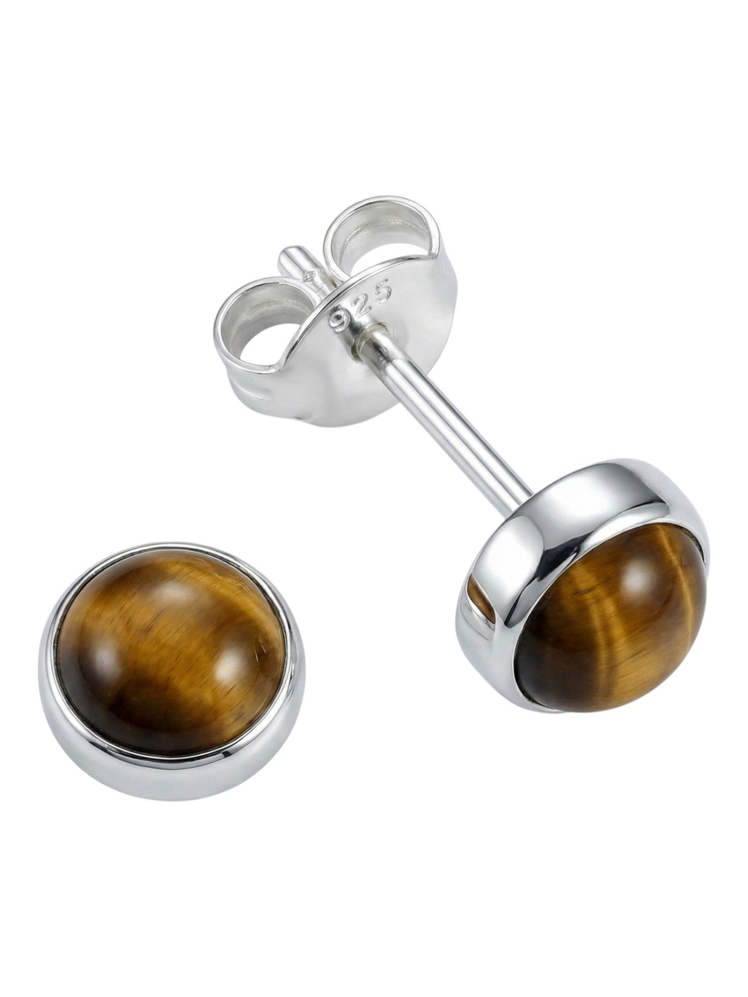 mantraroma Paar Ohrstecker SAMA rund klein aus 925 Silber mit Tigerauge (Paar, Paar Ohrringe mit Schmuckbeutel), 925 Sterling Silber Ohrringe für Damen