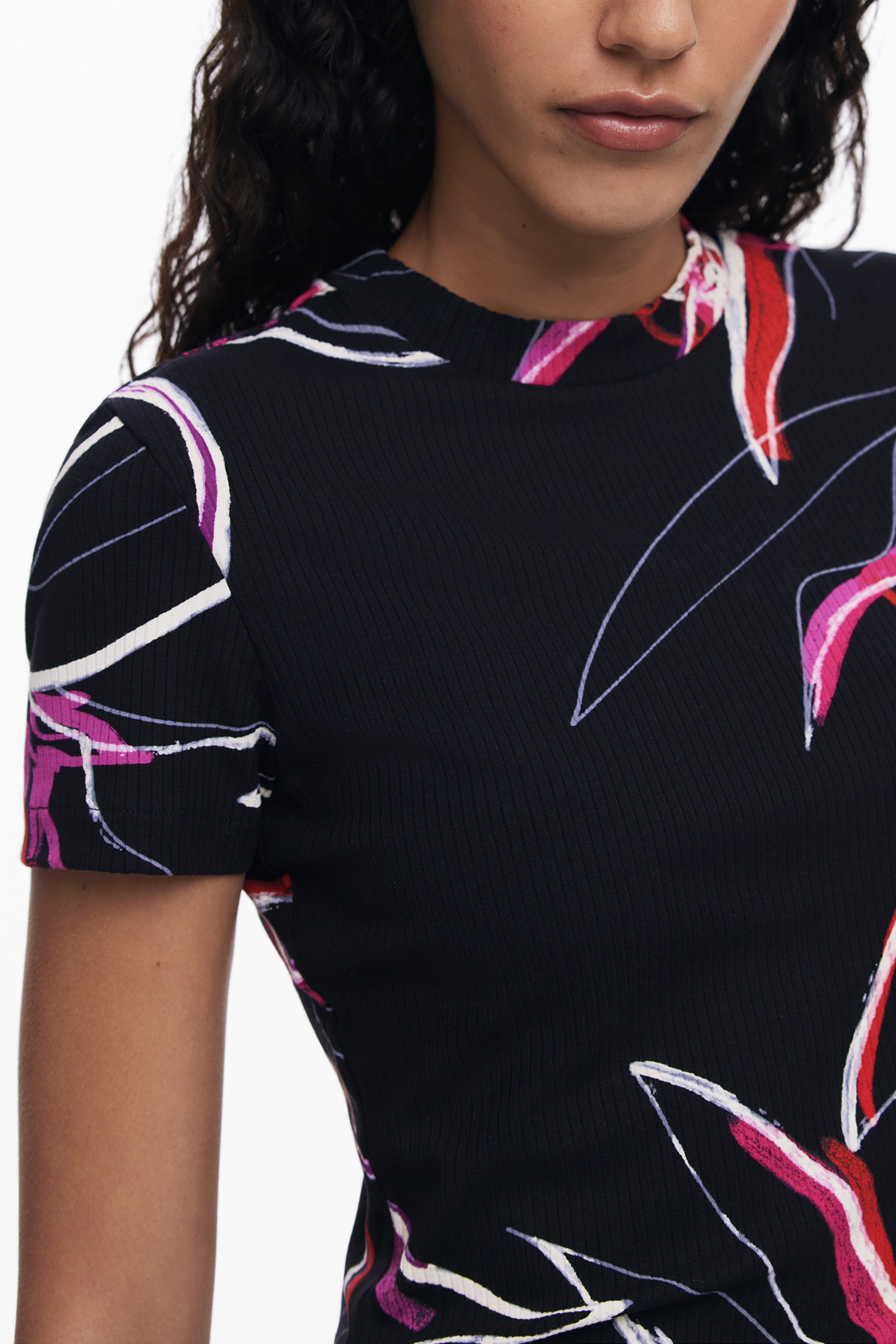 Desigual T-Shirt Schwarzes Damen Kurzarm-Shirt mit Print und