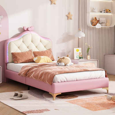 autolock Kinderbett Prinzessin rosa Kinderbett mit LED Dekoration 90 x 200 cm, rosa Schleife, mit mehrfarbigen, rosa Bettrahmen