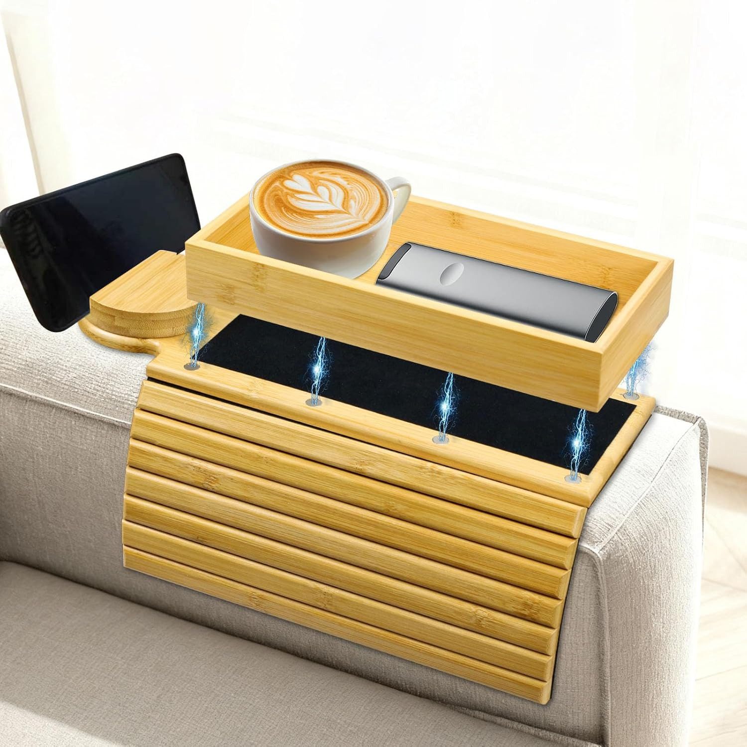 BlingBin Tablett Bambus-Sofa-Arm-Tablett, magnetisches Couch-Arm-Tablett, Bambus, (1er Set, 1-tlg., 38 x 29 cm), Sofatablett mit 360°-Telefonhalter für Getränke, Snacks, Telefon