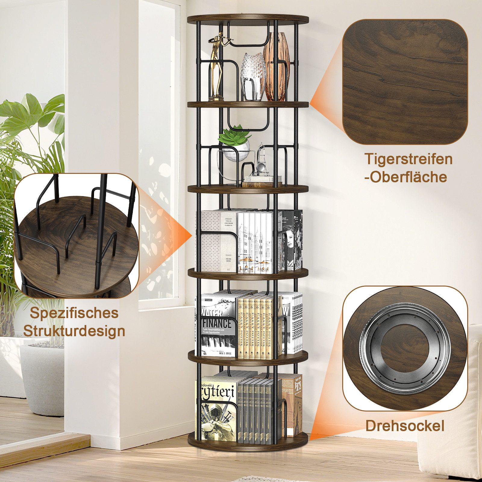 XERSEK Bücherregal 5 Ebenen 360° Drehbares Bookshelf Bodenstehendes Bücherschrank, 1.6m Aufbewahrungsregal Eckregal Spielzeugregal, für Kinderzimmer Wohnzimmer Schlafzimmer Büro Aufbewahrung