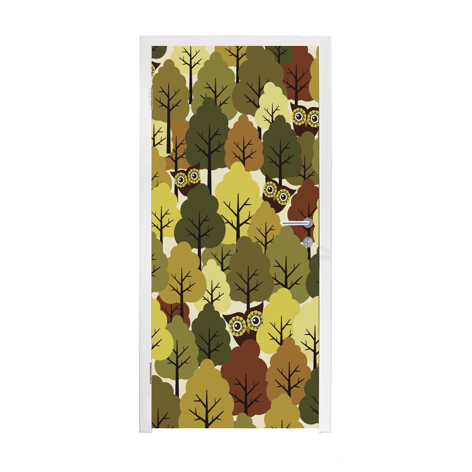 Matt, herbstlichen MuchoWow 75x205 Eulen, eines bedruckt, Fototapete für Waldes mit cm St), (1 Eine Illustration Türtapete Türaufkleber, Tür,