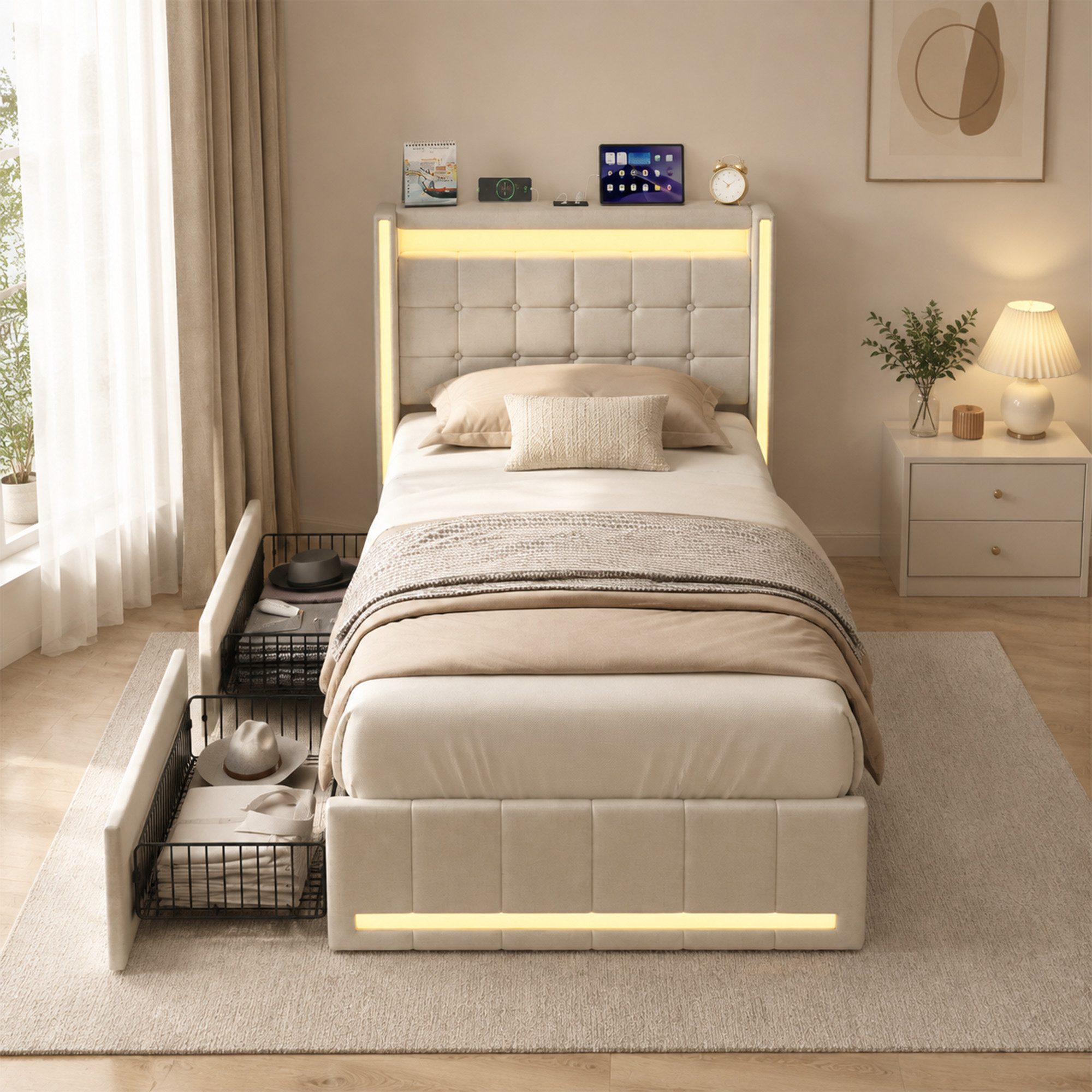 Simurq Stauraumbett Stauraumbett,Einzelbett aus Leinenstoff mit Schubladen/Bettkasten (Stauraumbett mit Lattenrost), Polsterbett 90x200 mit LED-Beleuchtung und USB-Ladestation
