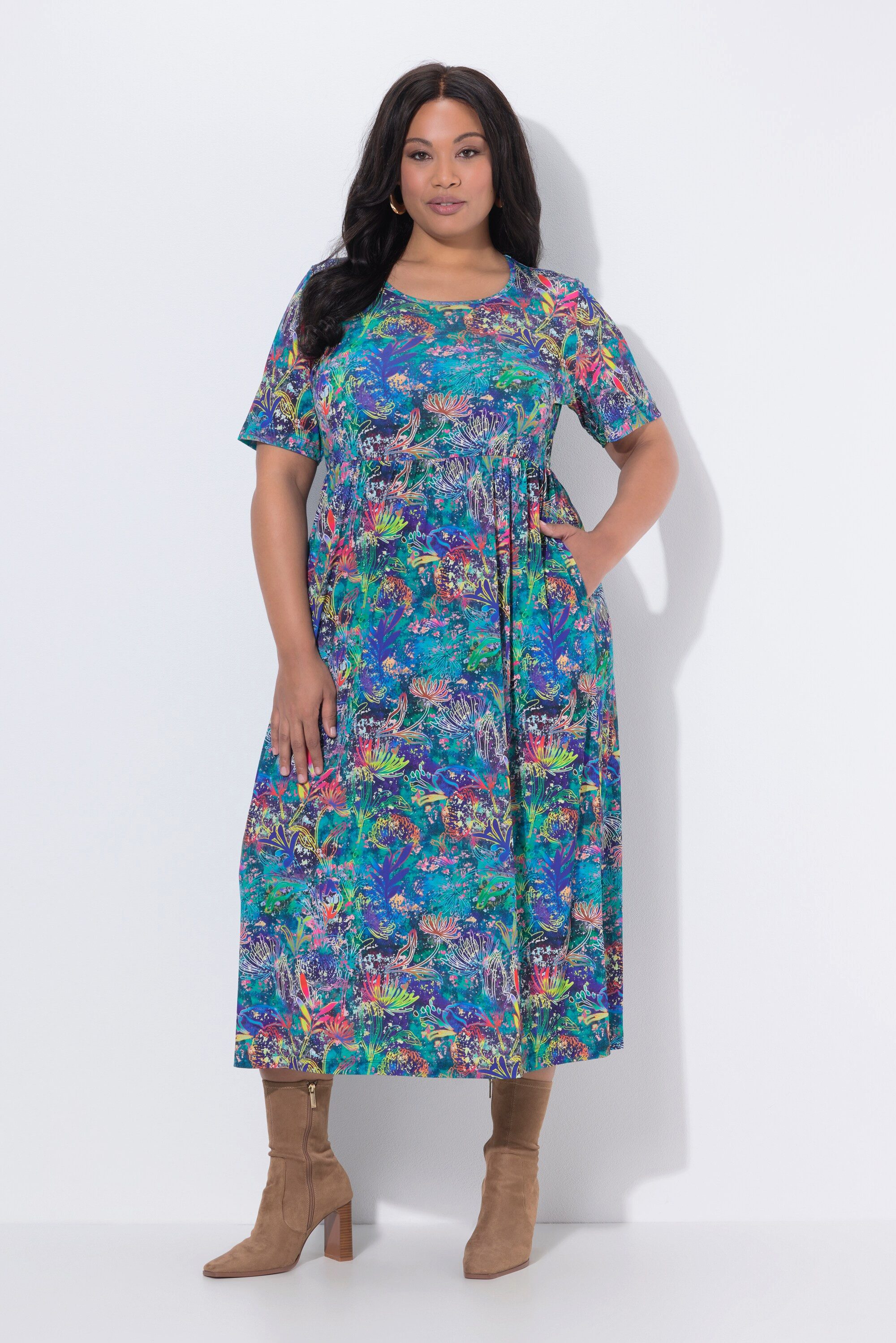 Maxikleid Maxikleid A-Linie Rundhals Halbarm Taschen