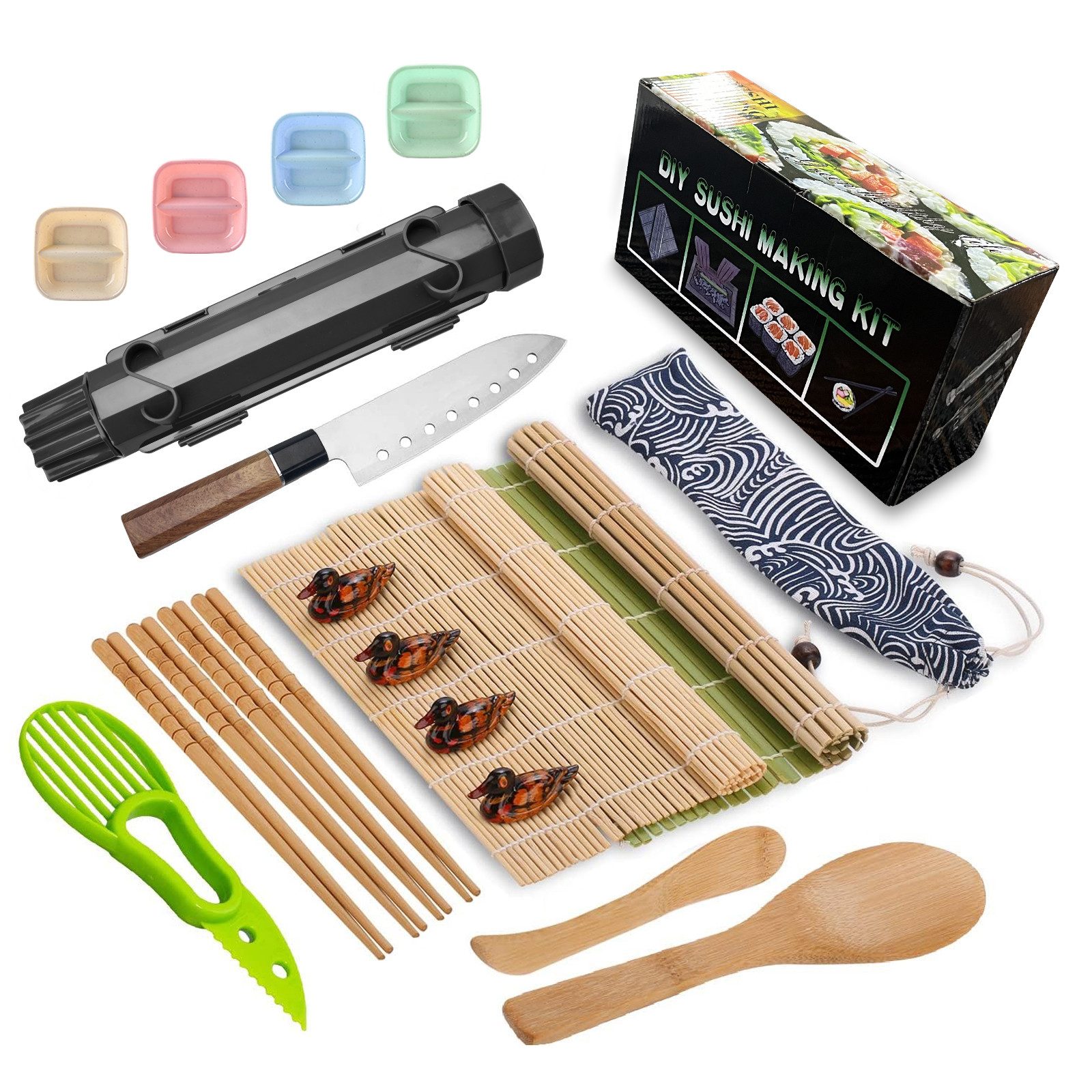 Kityhome Sushi-Roller Sushi-Set für Anfänger 20-teilig – komplett mit Zubehör, (Set 20-tlg), Inkl. Sushi-Bazooka, Messer & Bambusmatten;DIY Sushi-Set;