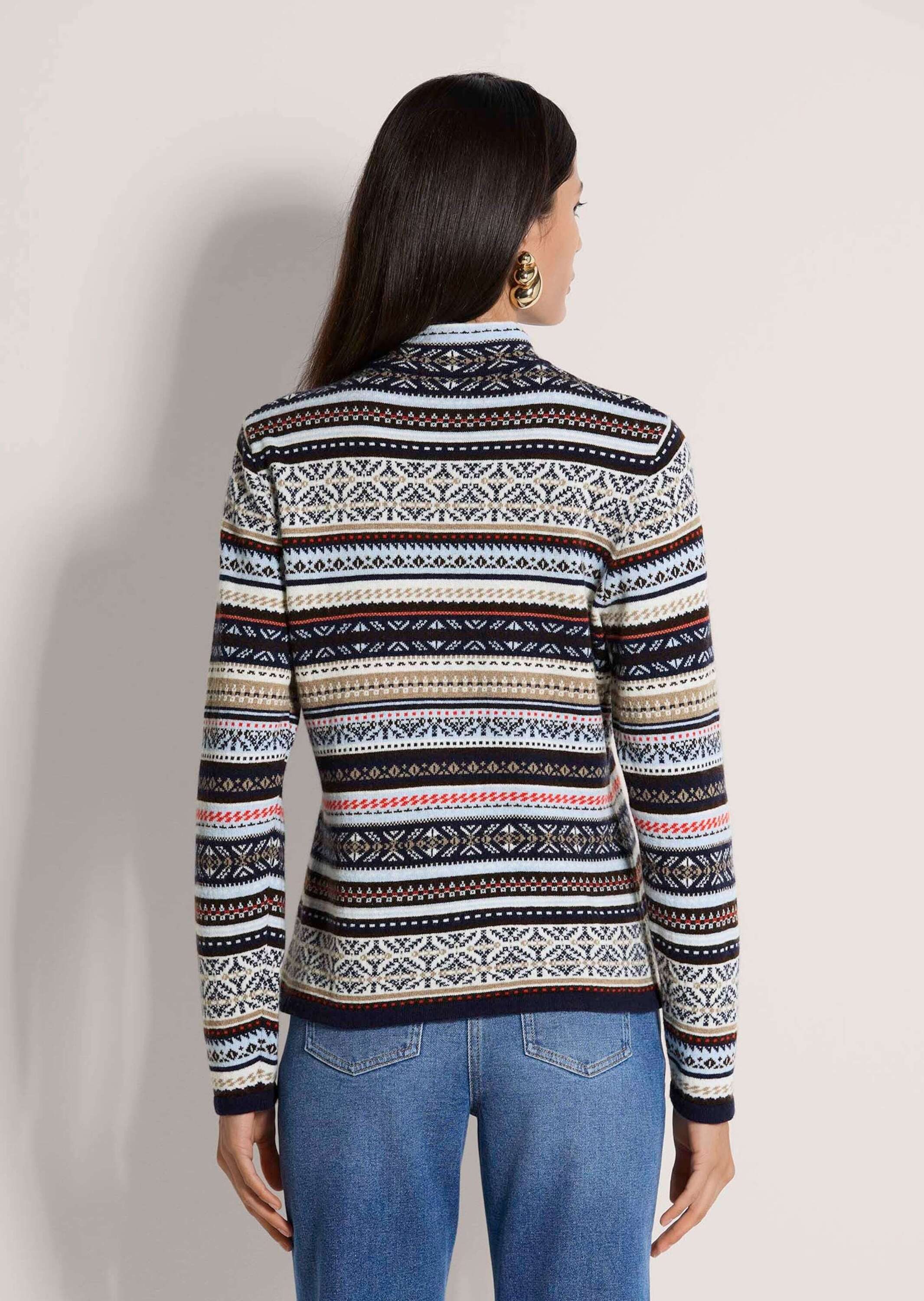 MADELEINE Strickjacke Norweger-Muster Jacquard-Cardigan Ungefütterte Wolljacke mit Stehkragen, Langarm