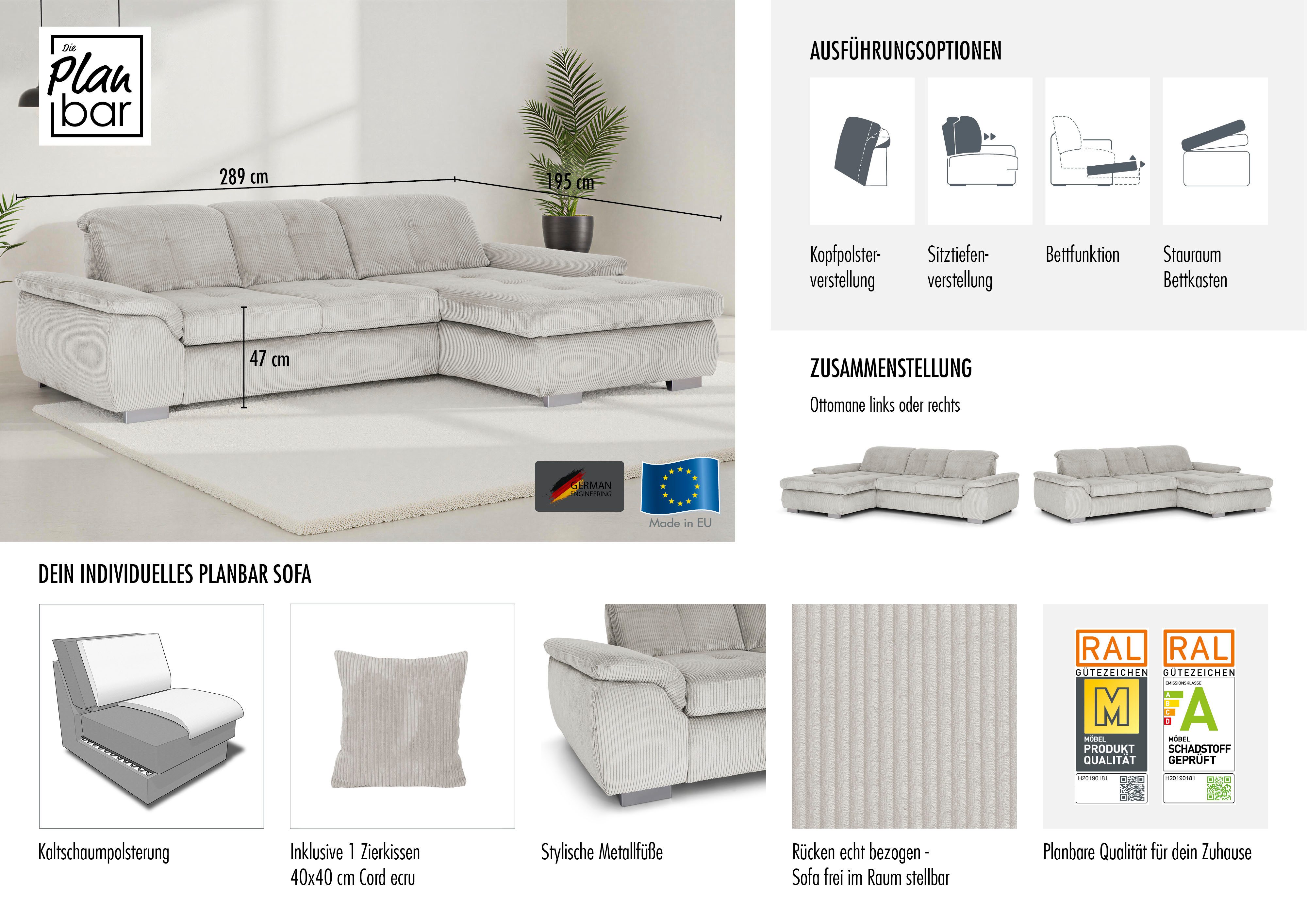 Die PlanBar Ecksofa MP-IN16037 L-Form, Breite 289 cm, mit Kaltschaum-Polsterung, mit Sitztiefenverstellung & Zierkissen