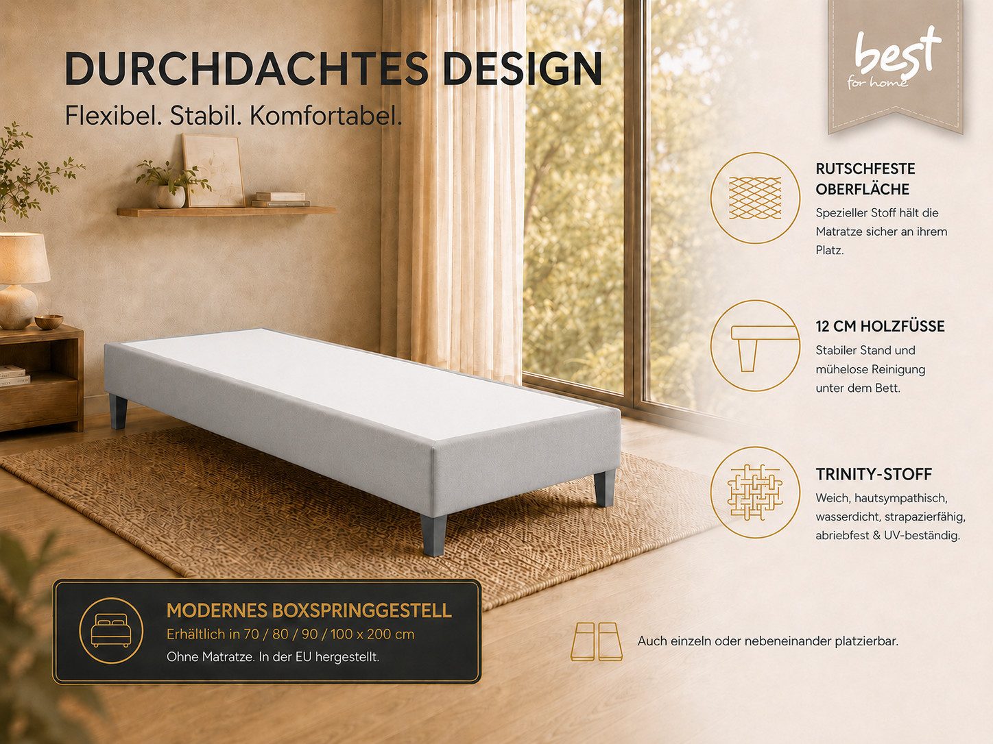 Best for Home Boxspringbett Trinity Einzel-Boxspringbett mit stabilem Rahmen und elegantem Design (Seniorenbett, Matratze, Jugendbett, Kinderbett, 70x200 80x200 90x200 100x200 cm), Komfortbett, Boxspringgestell, TOP Preis-Leistungs-Verhältnis