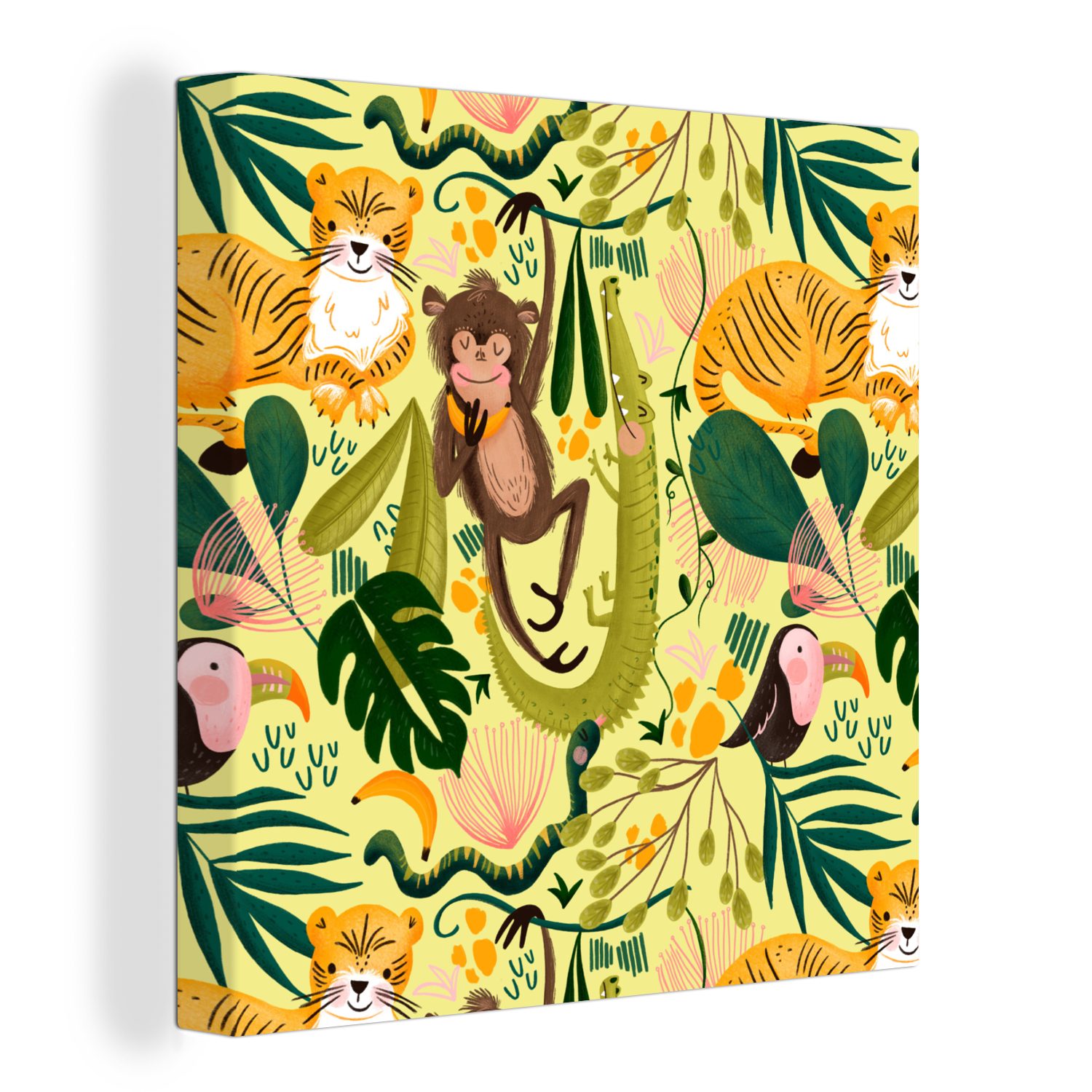 OneMillionCanvasses® Leinwandbild Dschungel - Affe - Krokodil - Gelb, (1 St), Leinwand Bilder für Wohnzimmer Schlafzimmer