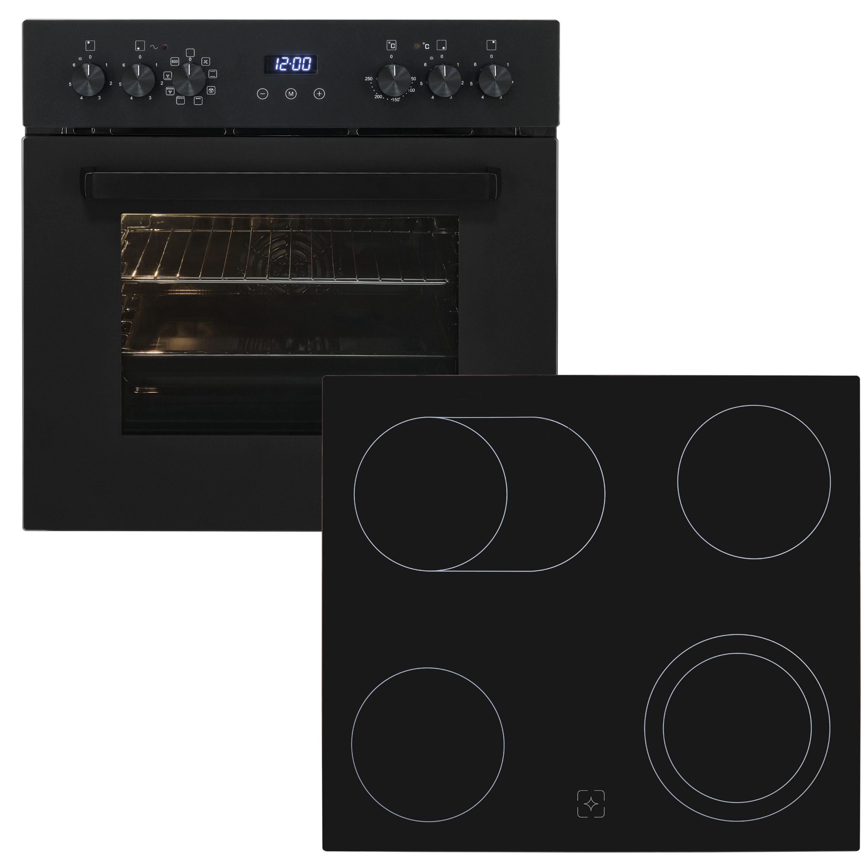 exquisit Backofen-Set EHE367-HBZ-120 Set mattschwarz, Vielseitiger Grill und 4-Zonen-Glaskeramikkochfeld – einfach & sicher!