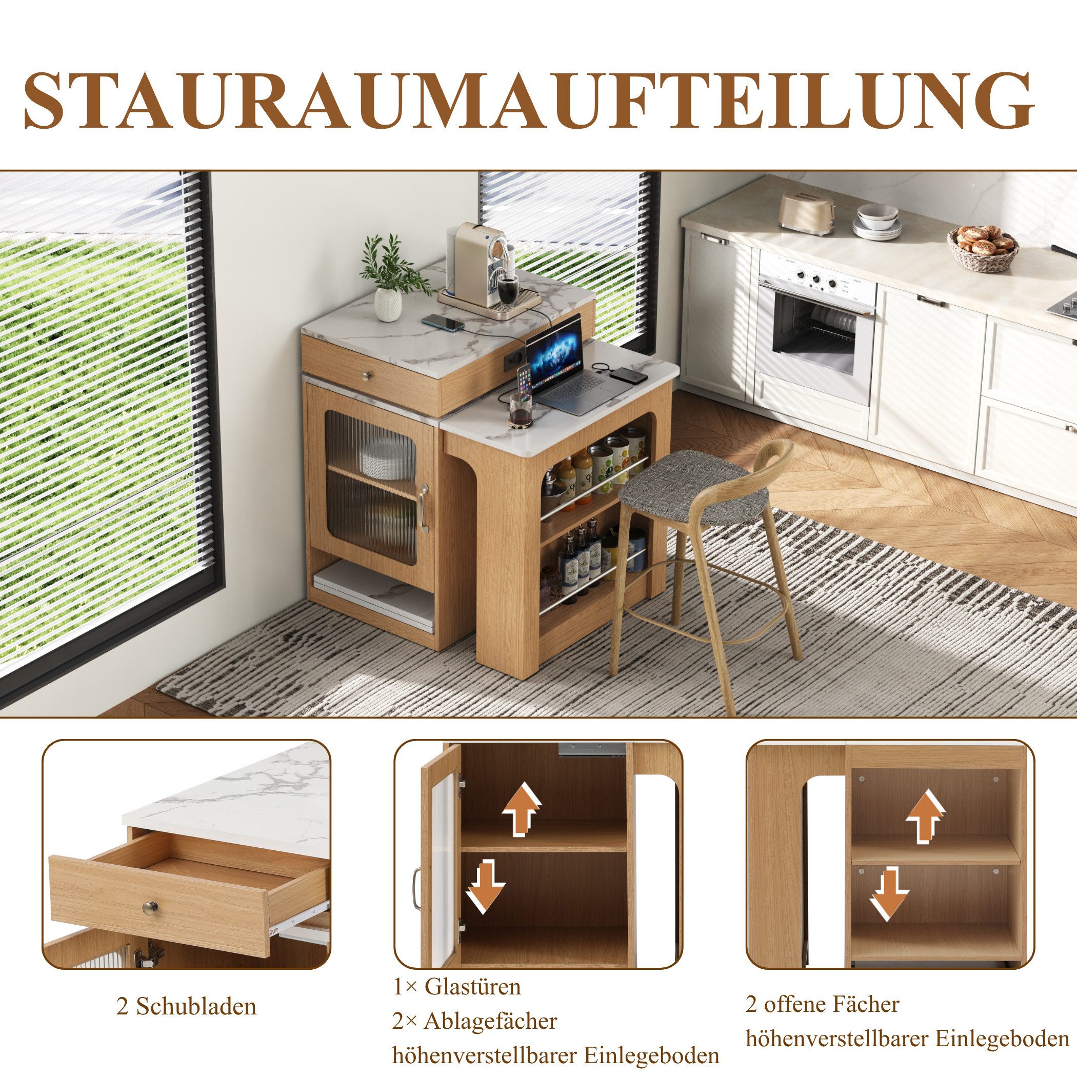 SeedWave Kücheninsel Allzweck Küchenschrank mit Ausziebarem Esstisch, Ladefunktion, 2 Schubladen, Ablagefächer mit höhenverstellbare Einlegeböden