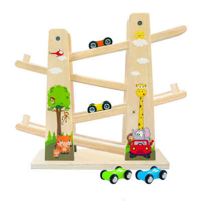 Arkmiido Kugelbahn »Kugelbahn Holz mit 4 Autos«, (Holz Murmelbahn Autorennbahn Holz Spielzeug, 5-tlg), Kinder Rennbahn Lernspielzeug Geschenke für Kinder