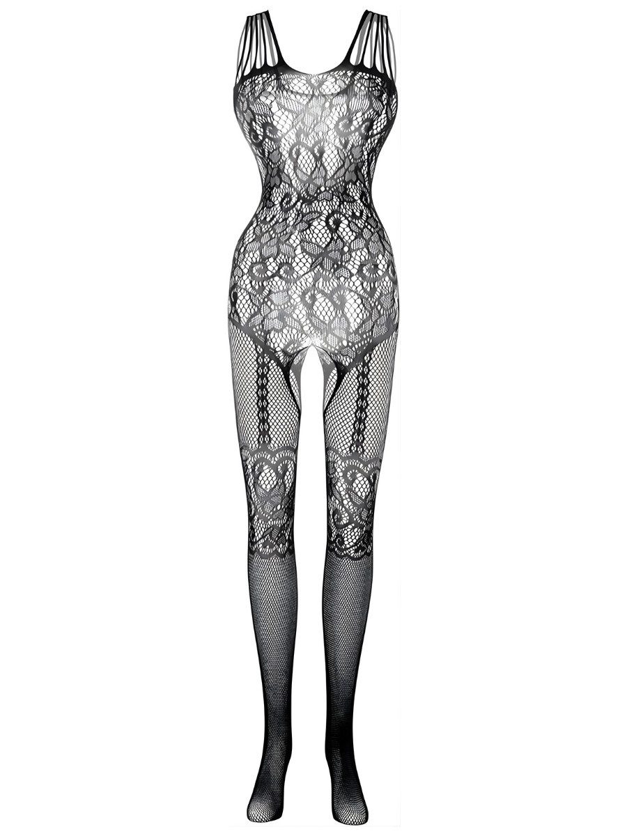 Elegant Love Bodystocking-Ouvert Sexy Strumpfbody als ärmelloses Catsuit – elegante Reizwäsche Dessous mit offenem Schritt, integrierte Straps-Optik – Größe XS– – Bild 2 von 5