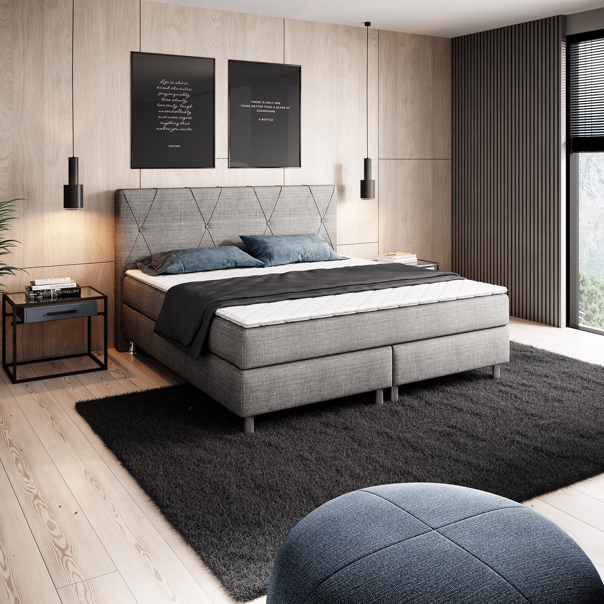 inter Boxspringbett Tokio 180x200 cm Webstoff Anthrazit BEZ 176552 (Boxsringbetten, Bett schlafbett mit matratze 180x200), inklusive Matratzen und Topper