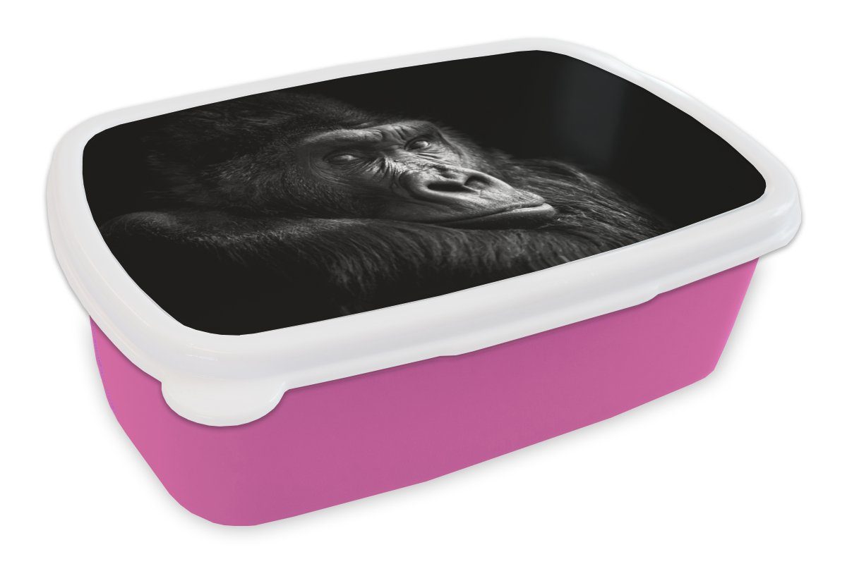MuchoWow Lunchbox Gorilla - Affe - Schwarz - Weiß - Porträt, Kunststoff, (2-tlg), Brotbox für Erwachsene, Brotdose Kinder, Snackbox, Mädchen, Kunststoff rosa