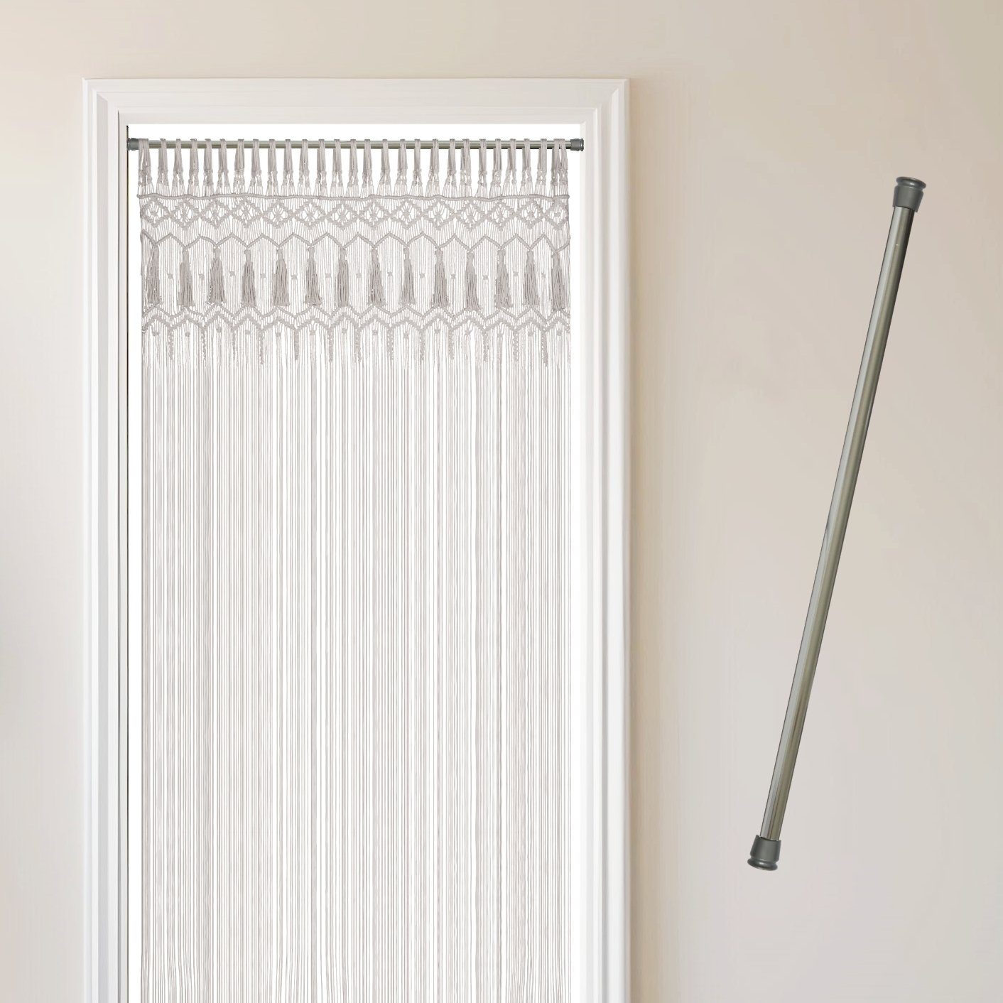 Cozyor Türvorhang Makramee 132 x 200 cm Boho Vorhang Fenstervorhang Raumteiler (1 St), Schlaufen, Baumwolle, mit Vorhangstange zum Klemmen weiß Wandteppich Wandbehang