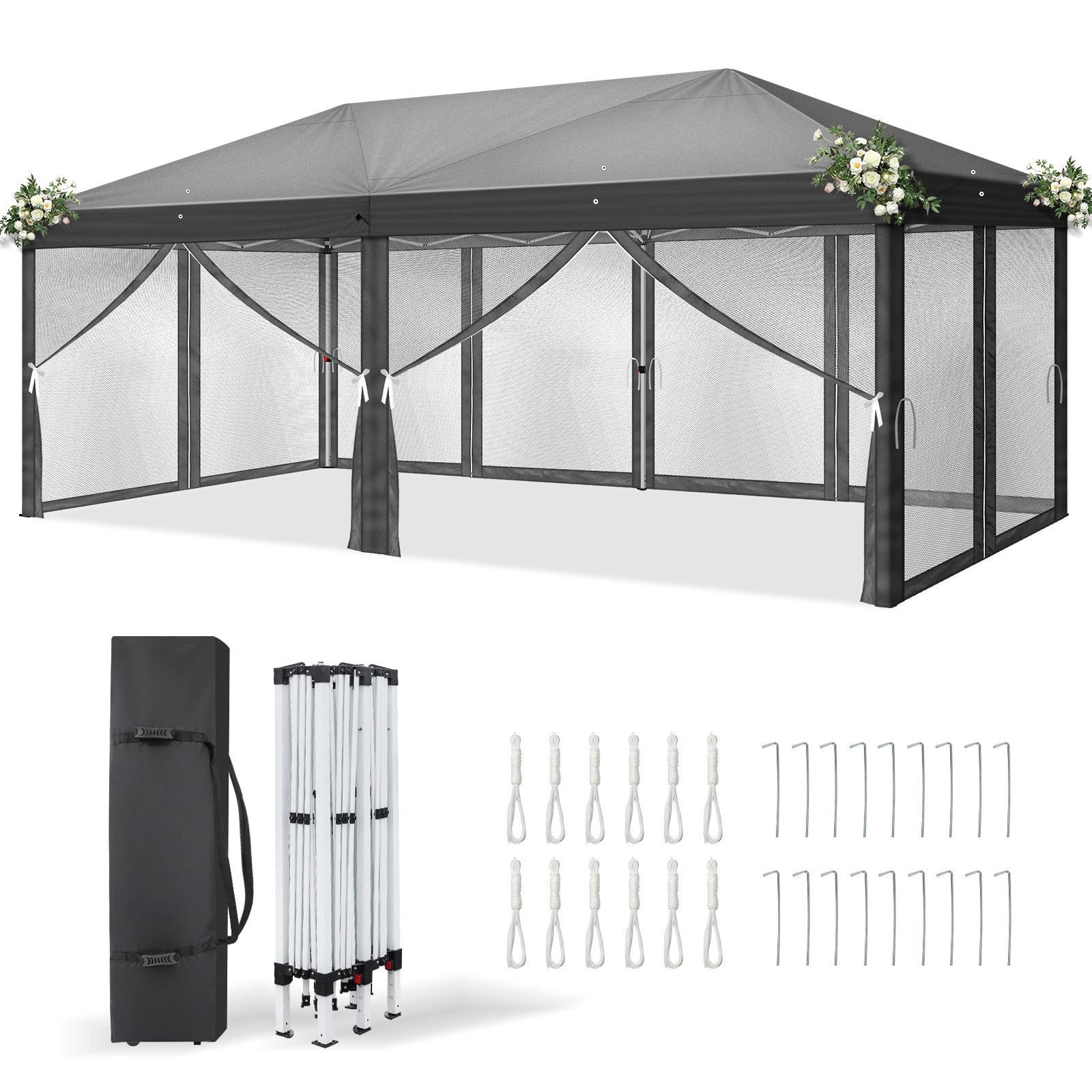 Faltpavillon Partyzelt Pop Up Pavillon 3x6m, mit 6 Netzvorhängen, UV-Schutz
