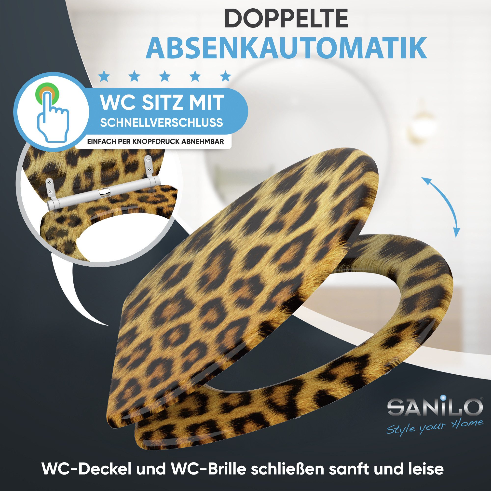 Sanilo WC-Sitz Leopardenfell mit Absenkautomatik & Quick Release, Premium Toilettendeckel, abnehmbar, leichte Montage von oben