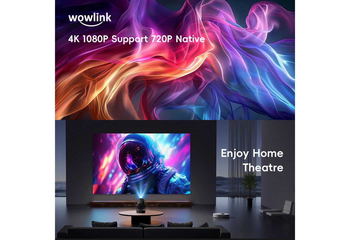 wowlink Mini Beamer Unterstützt 4K 1080P, Projektor mit WiFi 6, Bluetooth 5.4 Beamer (200 lm, 10000:1, 4K px, Automatische Trapezkorrektur mit HDMI/TV Stick/Laptop) schwarz