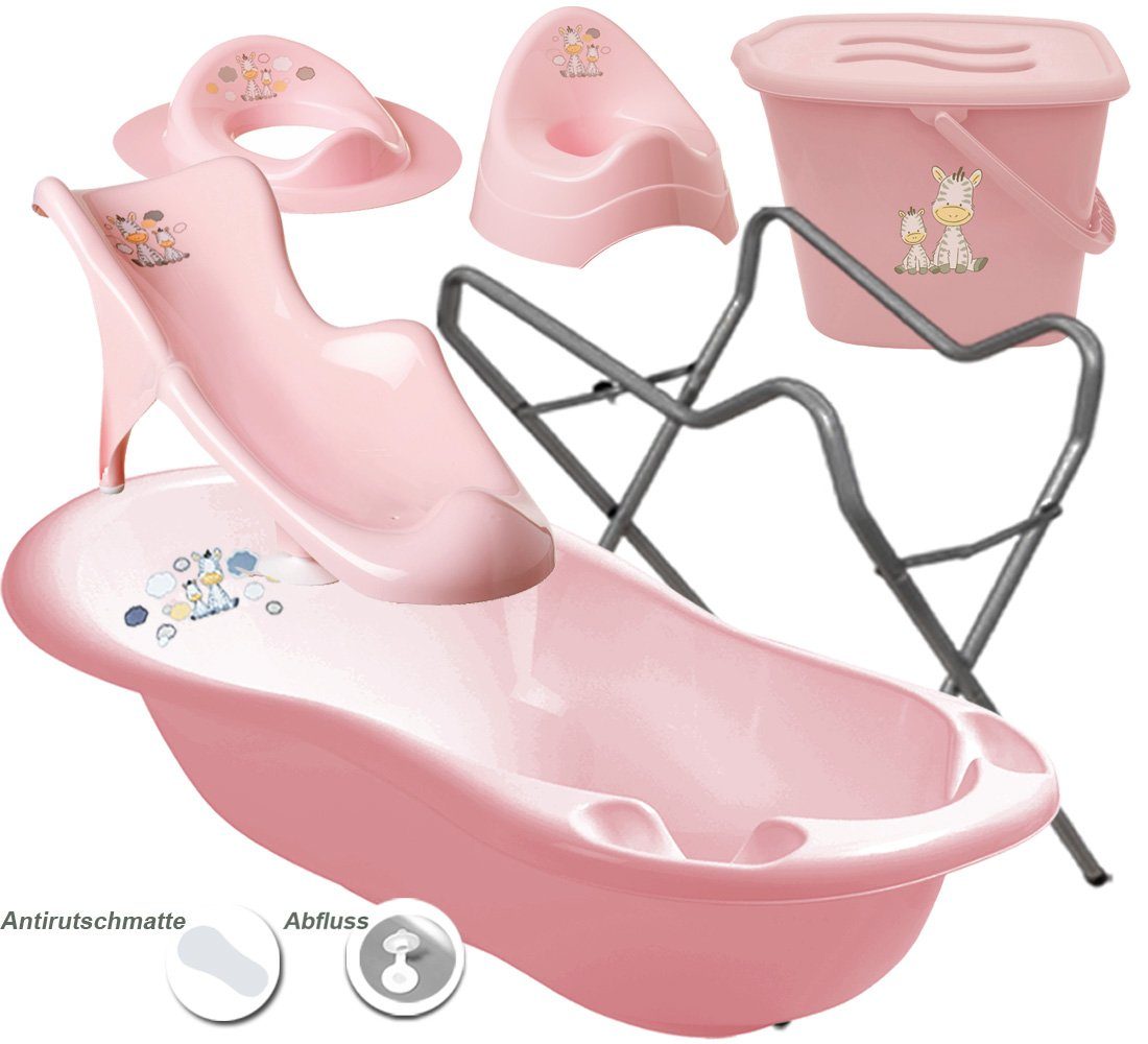 Maltex Babybadewanne 5 Teile SET – Zebra Rosa + Ständer Grau -Baden, (Premium-Set 5 tlg+Gestell), Wanne +Sitz +Töpfchen +WC Aufsatz +Eimer +Gestell