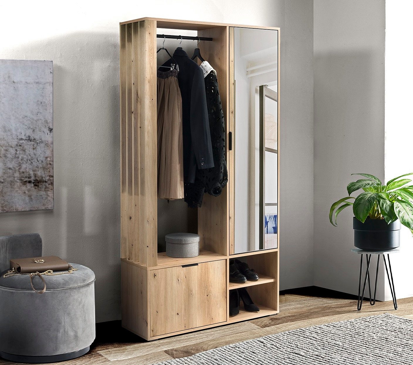 Marmex Möbel Garderobenschrank MILO ARTISAN mit Spiegel und Kleiderstange für den Flur