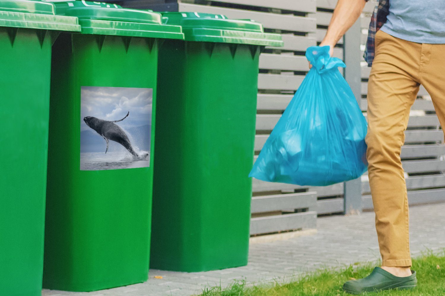 springt Mülleimer-aufkleber, Sticker, Container, Wasser Abfalbehälter dem Mülltonne, aus (1 Wandsticker St), der MuchoWow Wal,