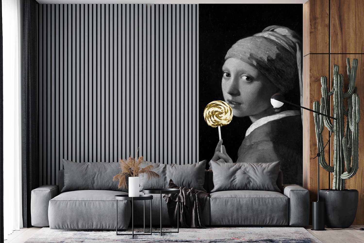 MuchoWow Fototapete Mädchen mit Perlenohrring Lollipop Vliestapete Matt, - Wohnzimmer Schlafzimmer Gold, - Fototapete St), bedruckt, Schwarz und Küche, (2 für
