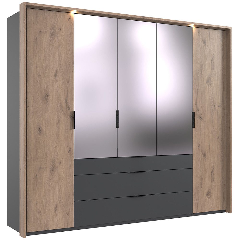 Lomadox Kleiderschrank BIELLA-43 Schlafzimmerschrank inkl. Beleuchtung 254 cm breit in grau mit Eiche