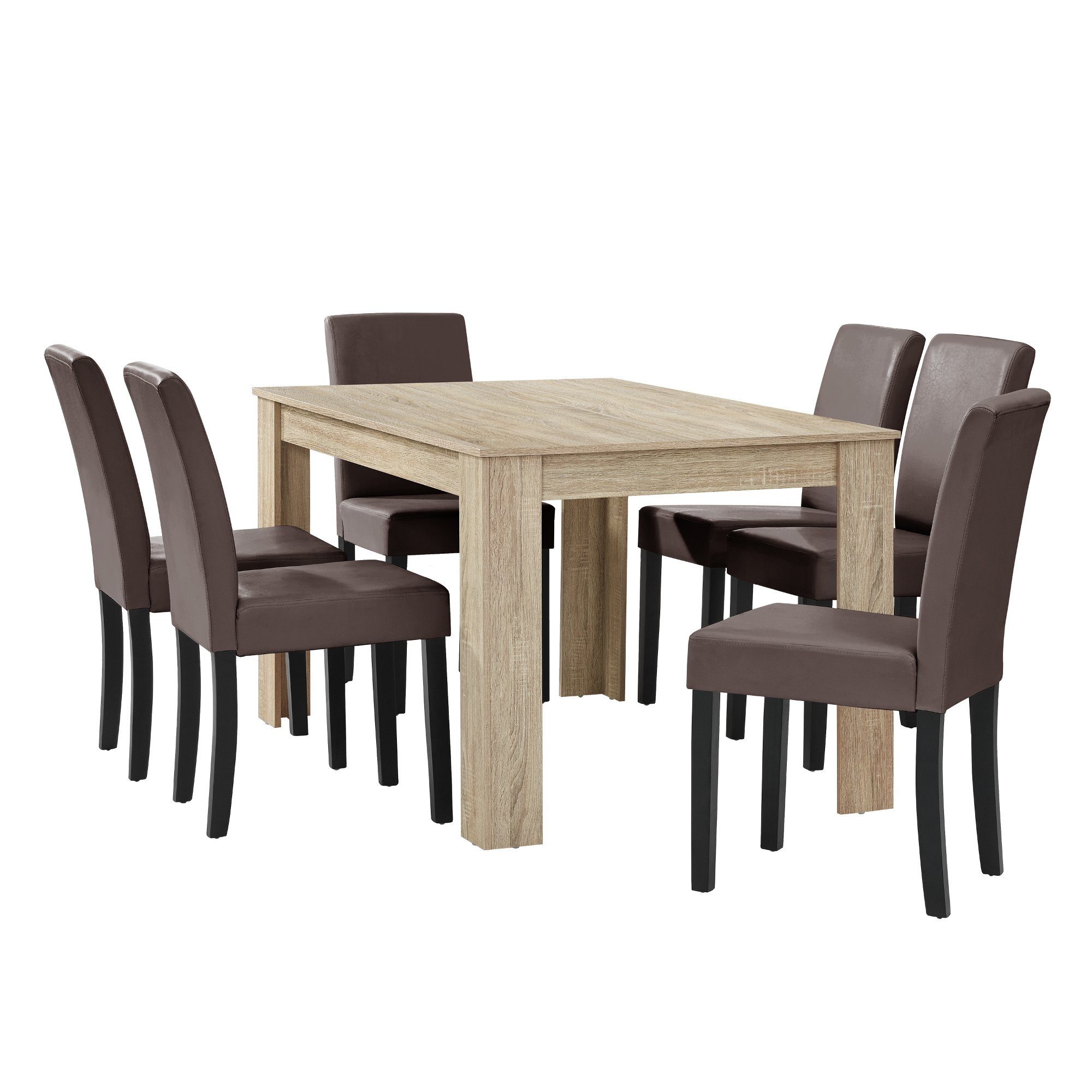 en.casa Essgruppe, (7-tlg., Esstisch mit 6 Stühlen), »Forssa« 140x90cm Küchentisch mit 6x Polsterstühlen