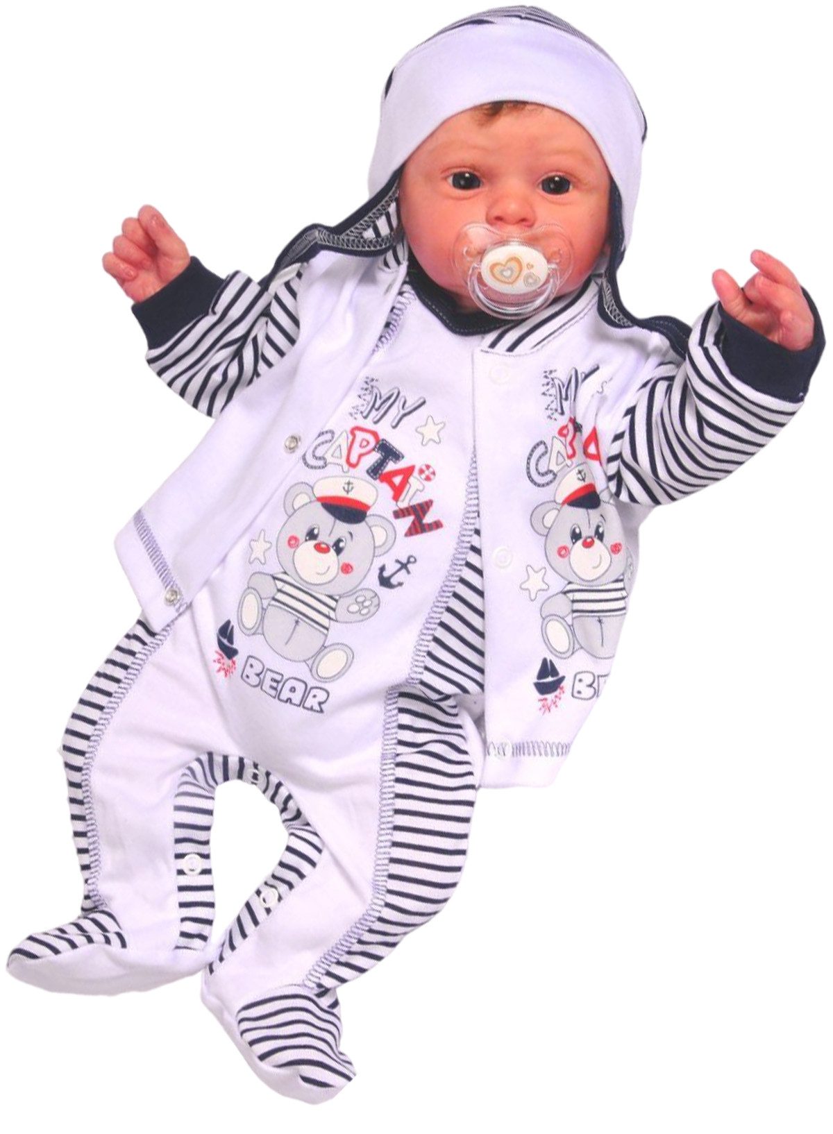La Bortini Strampler Baby Anzug 3Tlg Strampler Hemdchen Mütze mit Anker und Bär aus reiner Baumwolle, 44-50 56 62 68 74 80 in weiß blau