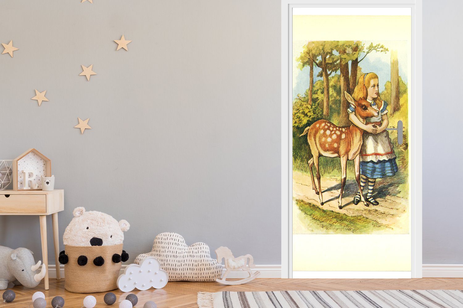 MuchoWow Türtapete Vintage-Illustration Alice 75x205 mit Tür, (1 Türaufkleber, Fototapete bedruckt, Hirschen, für Matt, St), den cm