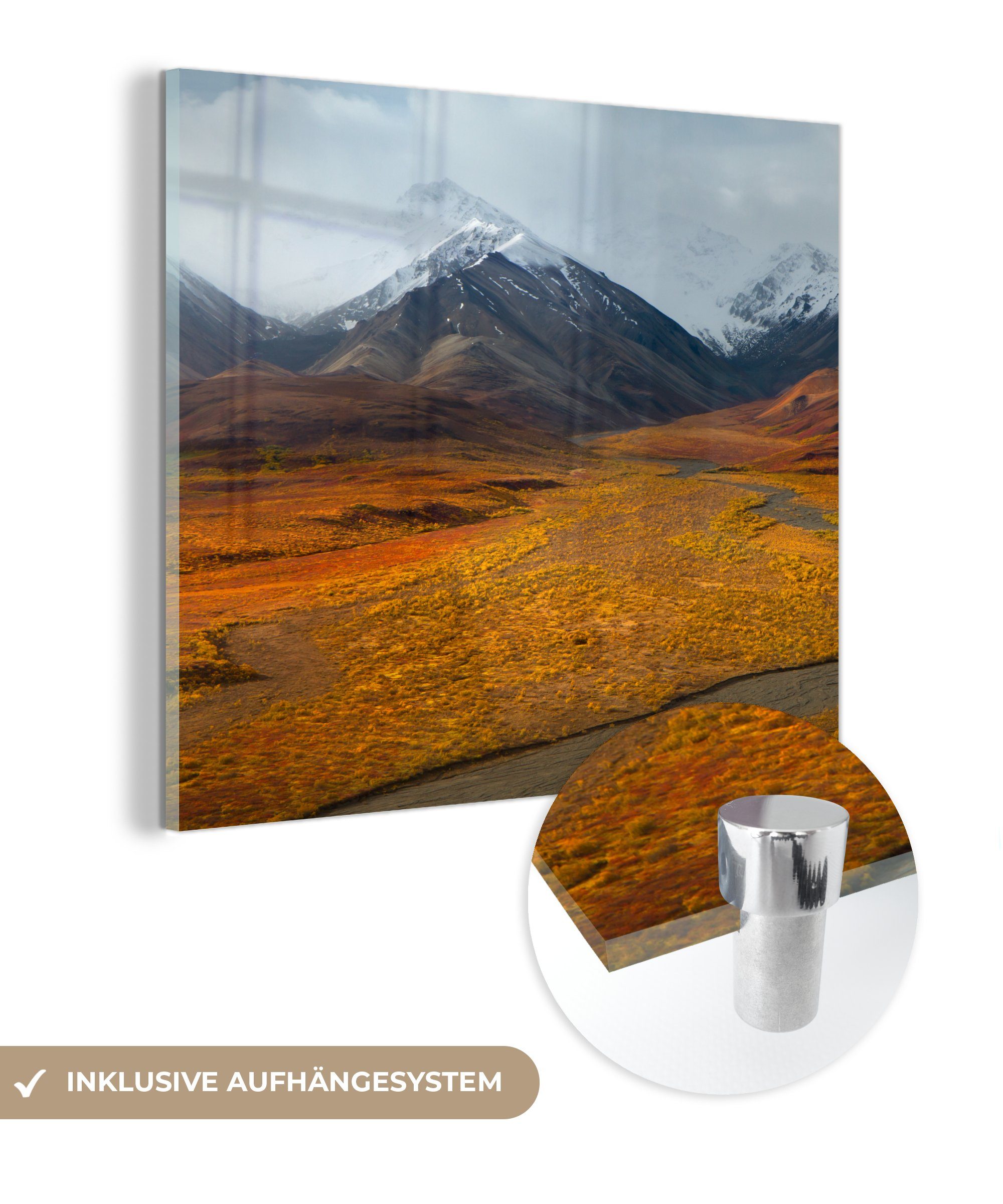 St), Glasbilder Herbst, (1 MuchoWow Tundra auf Glas Foto im - - Wanddekoration - auf Wandbild Bilder Glas Acrylglasbild