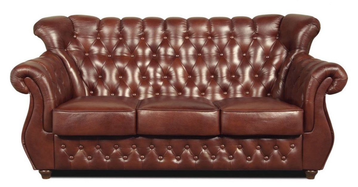 Casa Padrino Chesterfield-Sofa Chesterfield Echtleder 3er Sofa in braun mit dunkelbraunen Füßen 200 x 80 x H. 85 cm - Luxus Qualität